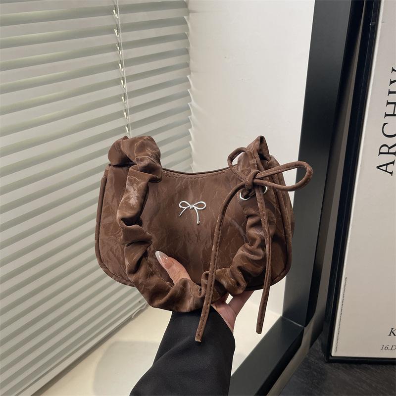 Lightweight Bow Square Shoulder Bags for Women Korean Style Ladies Underarm Bag Simple Female Pleated Drawstring Handbags Purse