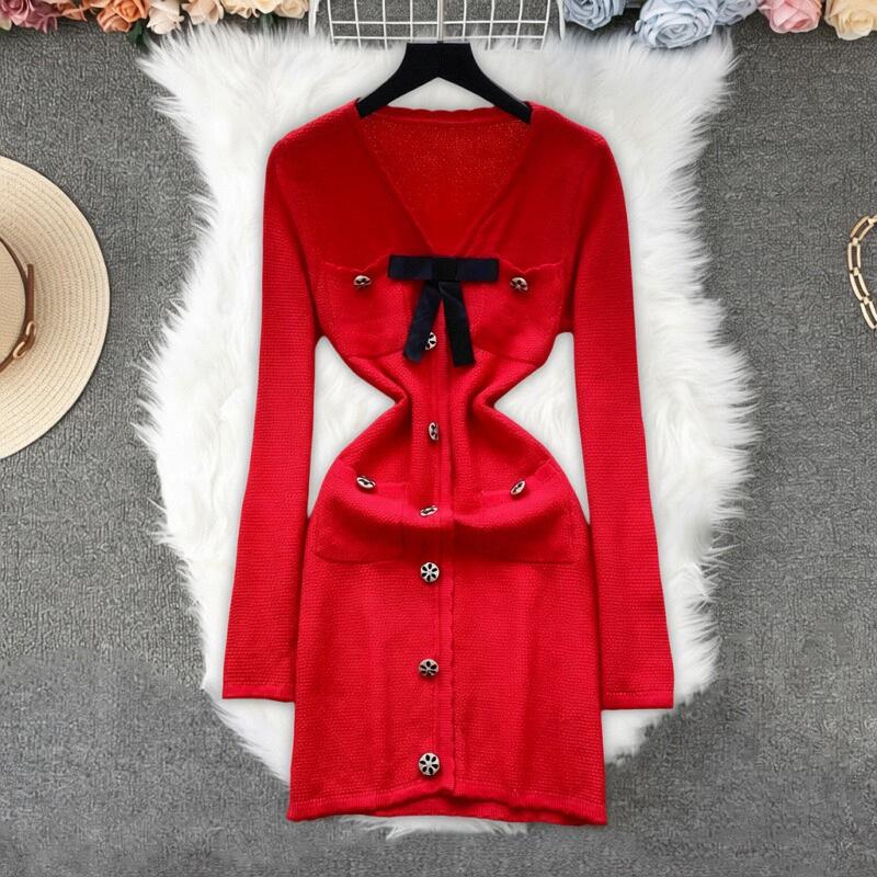 

French Deep V-neck Knit Dress: Slim Fit, Bow-Adorned, Single-Breasted, Hip-Hugging Women s Fashion Skirt Large красный