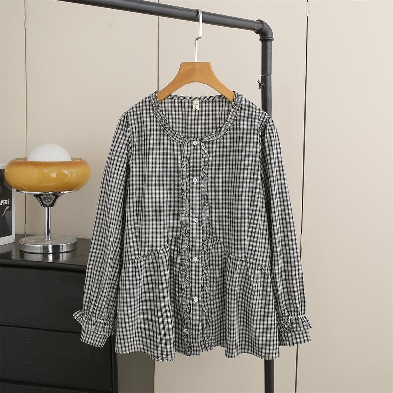 Plaid Plus Size Women's Long Sleeve Lace Round Neck Cardigan - Spring 2026
