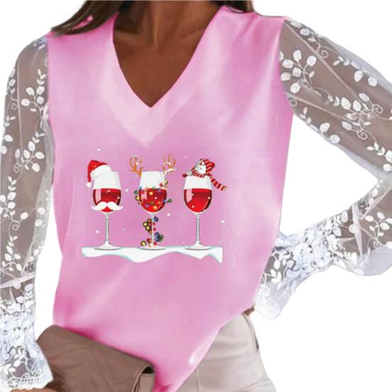 

Рождественский топ с V-образным вырезом и цветочным узором, кружевной шов с длинными рукавами L