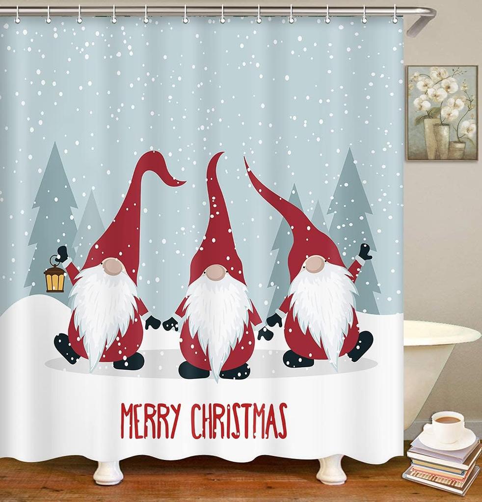 Three Christmas Dwarf Elves In Snow Shower Curtain, Waterproof Fabric Bathroom Shower Curtain Set With 12 Hooks 72"X72"
