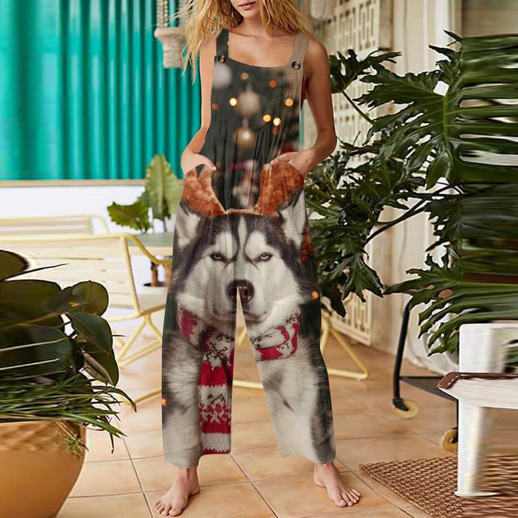 Women's Casual Christmas Printed Jumpsuit Sleeveless Printed Cotton Jumpsuit
