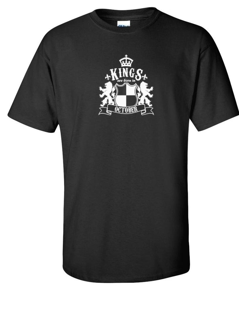 Короли Рождаются в Октябре Смешной День Рождения Герб Льва Подарок Черная Хлопковая Футболка 2XL