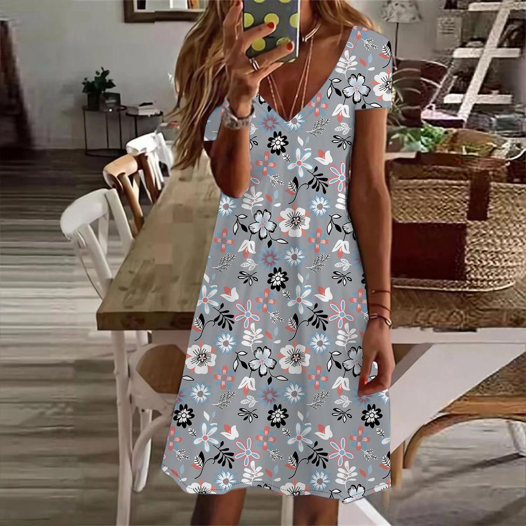 Moda de vară pentru femei cu decolteu în V cu mânecă scurtă cu imprimeu cu flori Rochii sex cu fustă scurtă