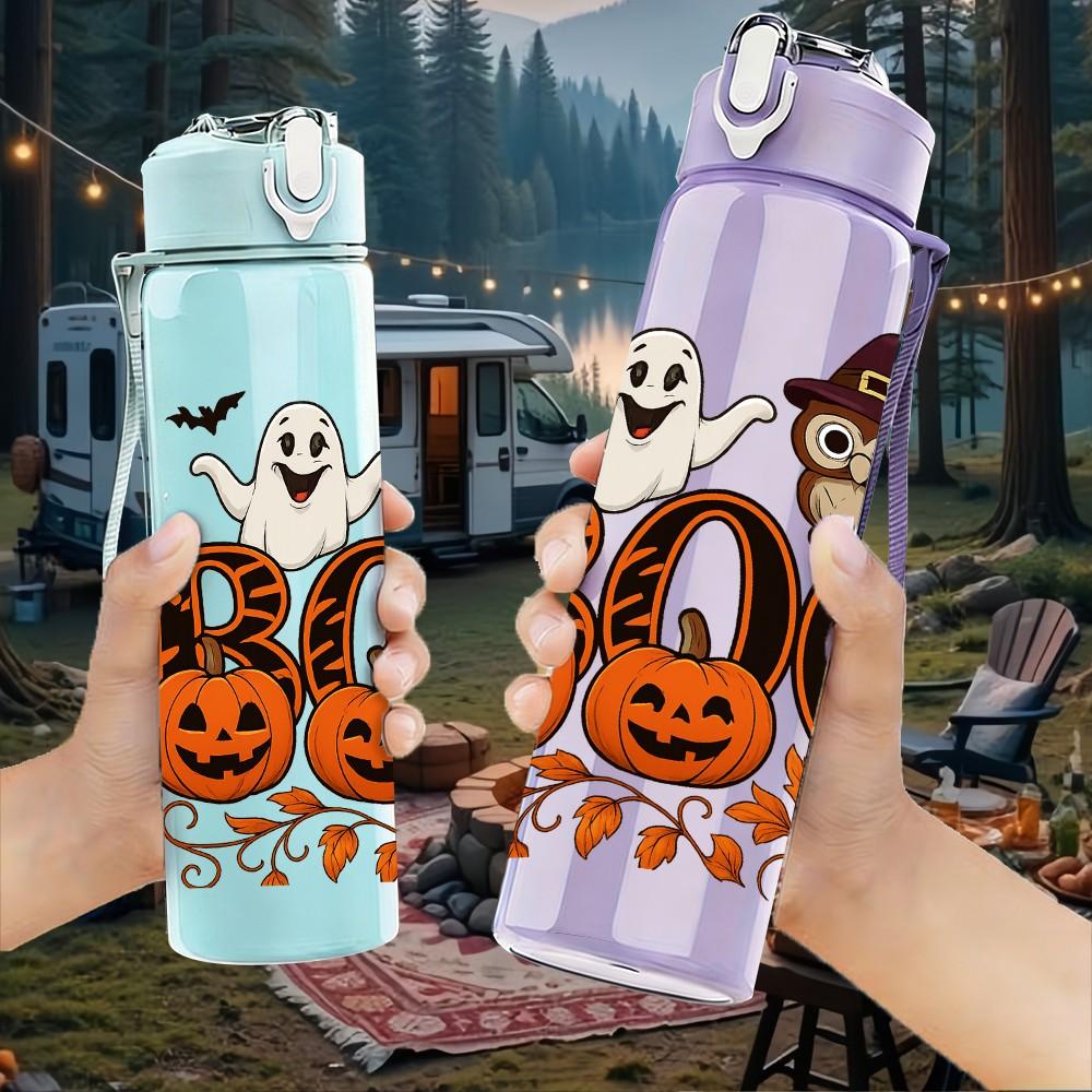 1PC Boo Halloween Ghost Pumpkin Pattern 750ml Color Plastic Sports Water Bottle Leakproof Flip Straw Lid Suitable for Sports Office Home Use