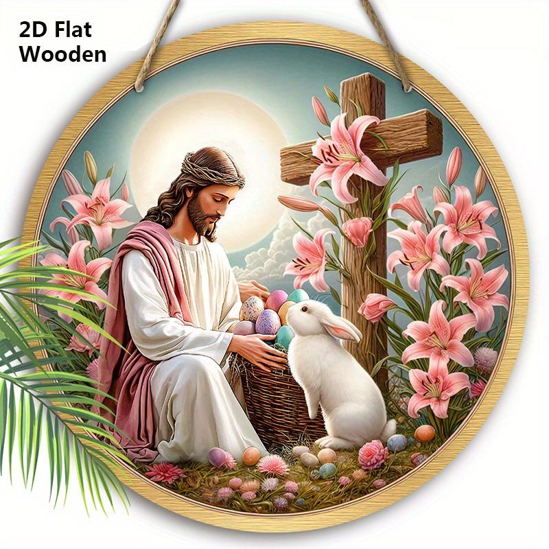 

Easter Bunny Jesus Wooden Sign - Easter Eggs Flowers Cross Round Ornament for Front Door, Wall Hanging Decor - Ideal Easter Decorations 20cm/7.87in розовый