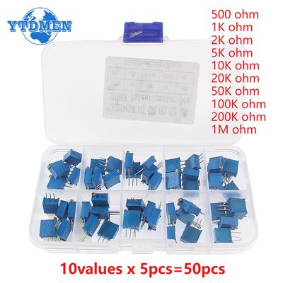 50pcs 3296W Potentiometer Kit Adjustable Multiturn Trimmer Potentiometer 10Types Variable Resistor 1K 2K 5K 10K 20K 100K 200K 1M