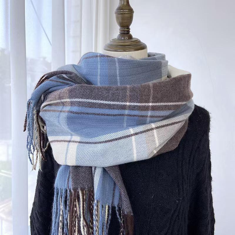 Imitation Cashmere Plaid Scarf - Women's Korean Style Autumn Winter Shawl with Tassels