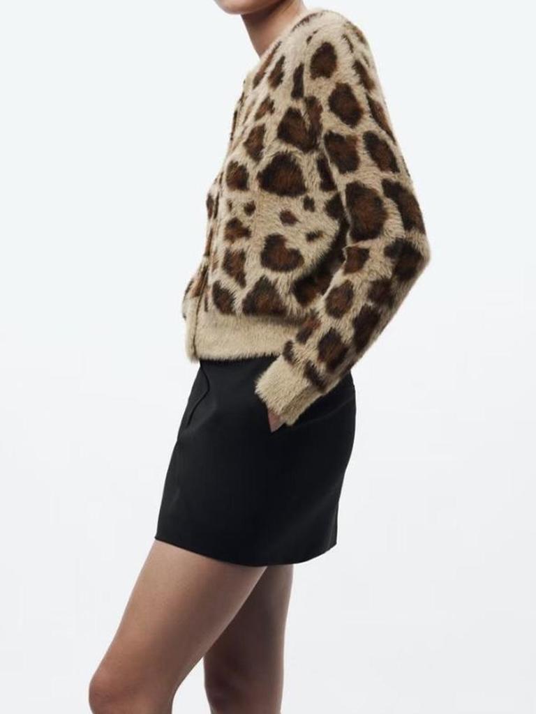 Rose Beauty A Damen Casual Leopardenmuster Button-Up Langarm Neue Kunstpelz Strickjacke, Herbst & Winter