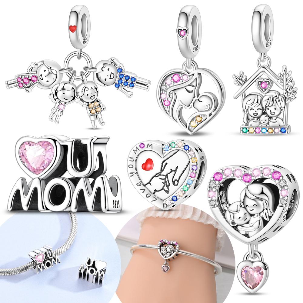 Original Copper Warm Embrace Family Pendant Mother Pink Heart Symbol Beads Fit Bracelet Diy Jewelry Fine Gift Accessory