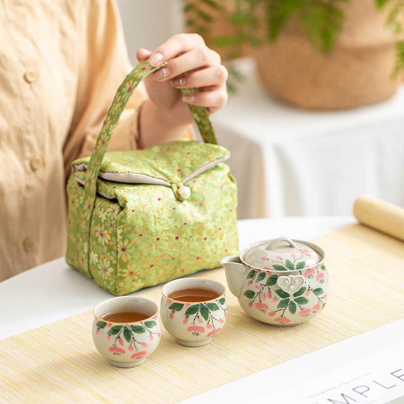 Hand painted stamen Kung Fu tea set, plant ash underglaze color brewing teapot, teacup storage bag, household ceramic travel set