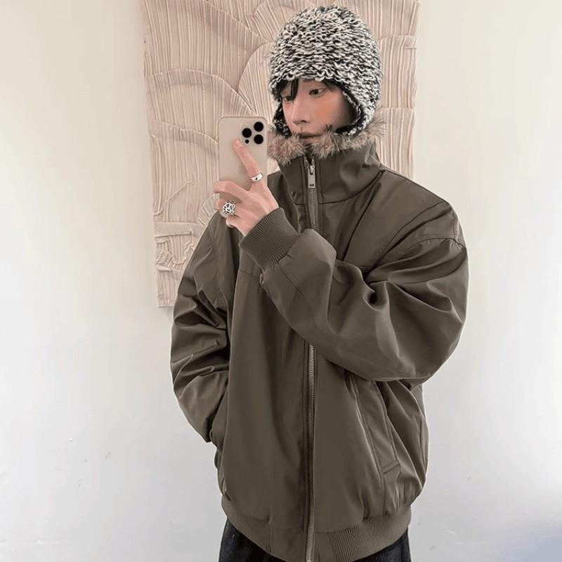 Mens Winter Hooded Thick Cotton Padded Jacket With Faux Fur Collar Loose Fit Warm Coat Daily Wear