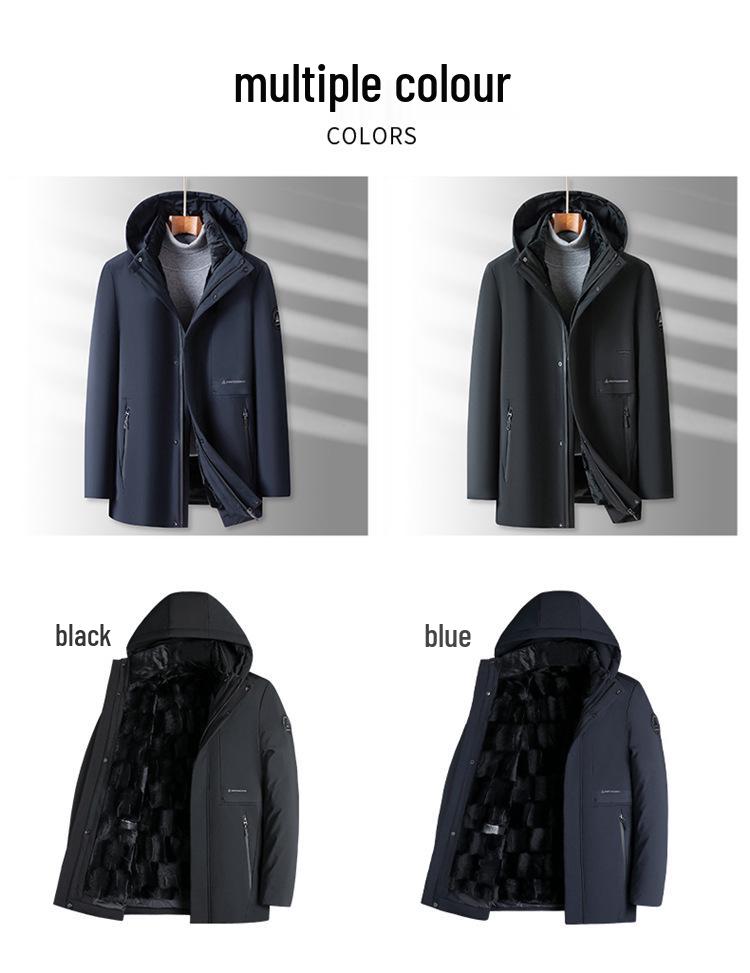 Men's Woodpecker Plus Velvet Mid-length Jacket with Hood, Detachable Liner, Cotton Winter Coat for Middle-aged and Elderly