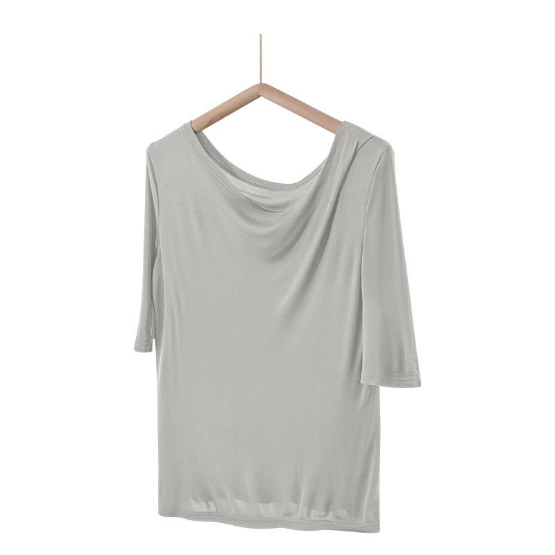 

Guo Lian Women s Asymmetric Mulberry Silk T-shirt with Irregular Neckline and Five Sleeves - Spring/Summer Fashion. Double Extra Large