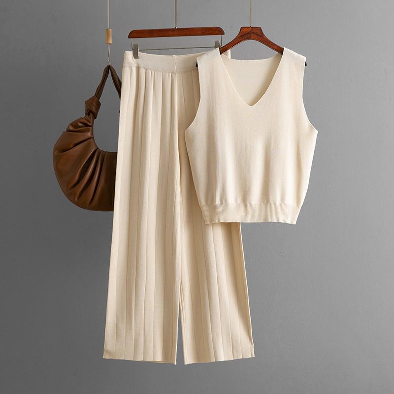 Summer Fashion Set V-neck Solid Color Knitted Tank Top High Waist Casual Wide Leg Two Piece Set