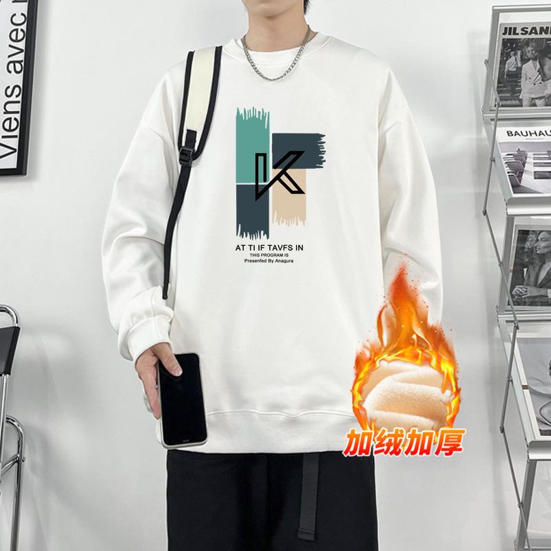 Spring and Autumn Men's Clothing Fleece Thickened Crew Neck Sweater Men's Long Sleeve T-Shirt Autumn and Winter Hong Kong Style 2025 New