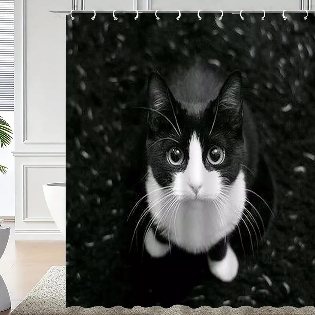 Black White Cat Shower Curtain Snowy Forest Portrait Print Bathroom Decor Waterproof Curtains Pet Lover Home Style