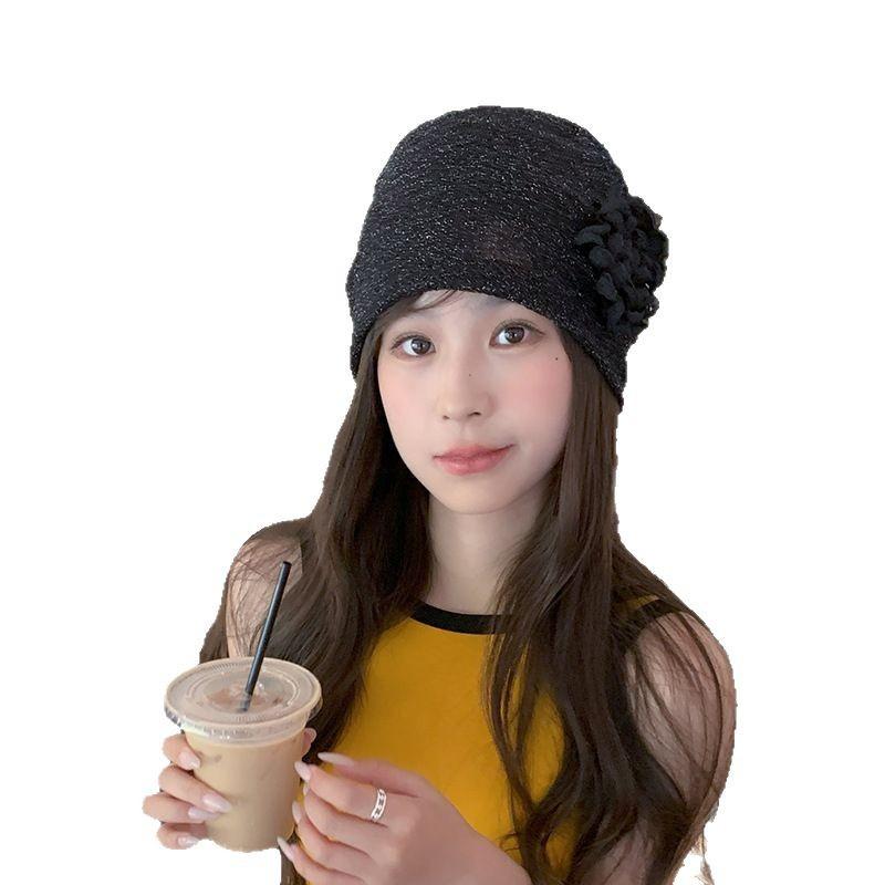 New Rose Flower Knitted Hat Side Flower Drawer Hat Mesh Pile Hat Showing Face Small Bag Head Hat