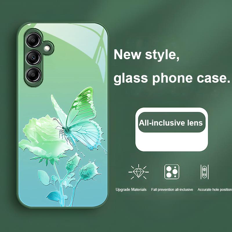 Glass Phone Case For Samsung Galaxy A01 A02 03 Core A04 A14 4G A13 54 34 31 20 25 23 22 5G S21 Ultra S20 Butterfly Gradient Blue