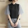 ZANZEA Women Casual Stand Collar Mesh Splice Half Sleeve Blouse