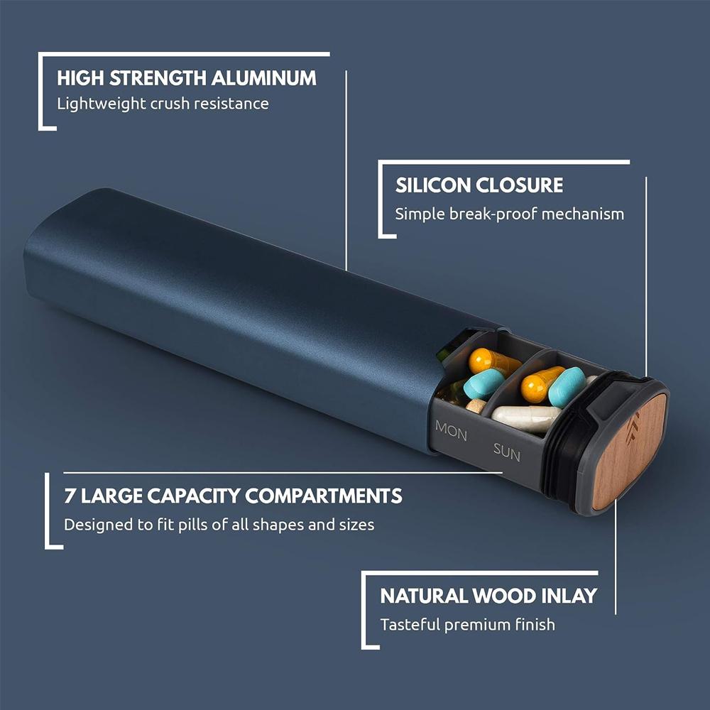 1 ks 7denní týdenní organizér na léky slitina hliníku a dřevo velkokapacitní krabička na léky na pilulky vitamíny a léky