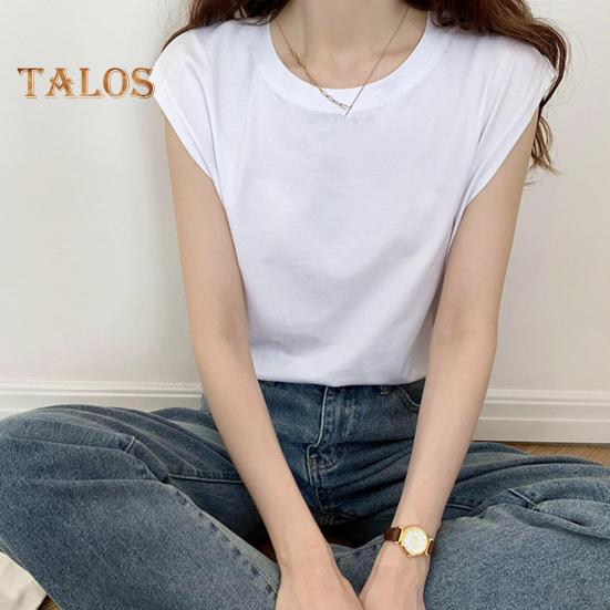 Women Summer T-shirt Round Neck Cap Sleeve Solid Color Tee Shirt Solid Color Loose Fit Casual Tops Daily Wear