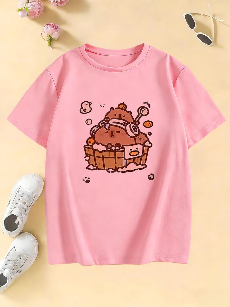 Cartoon Capybara Short Sleeve T Shirts Manga Kids Childrens Tshirt Boys Girls Summer Spring Casual Top Tee Shirt