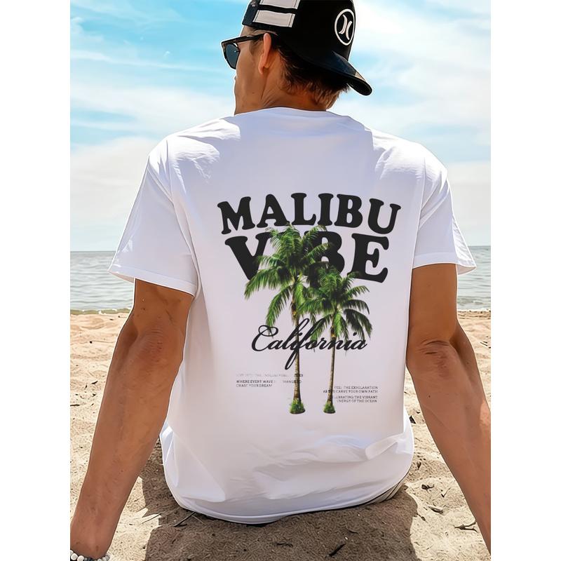 Men's California Palm Tree Print T-Shirt - Relaxed Fit Short Sleeve Shirt with Dropped Shoulder, Suitable for Vacation & Casual Attire, Machine