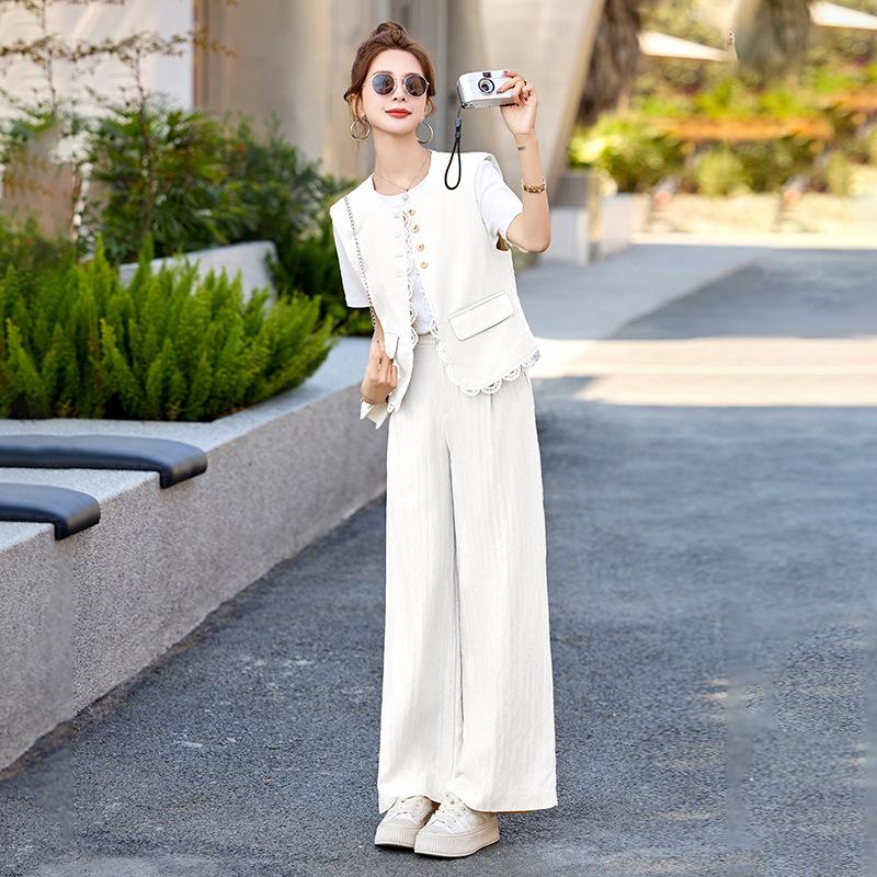Summer 2025 Women's Age-Defying Three-Piece Set: Stylish Vest, Base Shirt, Wide-Leg Pants - RX9228