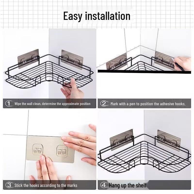 Punch-Free Bathroom Corner Shower Shelf - Wall-Mounted Storage for Kitchen & Bath