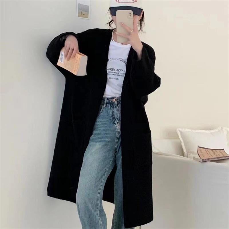 Autumn and Winter Lazy Wind In The Long Section of Large Pockets Sweater Female Retro Loose Thin Knitted Cardigan