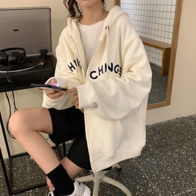 Women's 65% Cotton Embroidered Hooded Sweatshirt - Korean Style Loose Zip-up Jacket (2025 Student Collection)