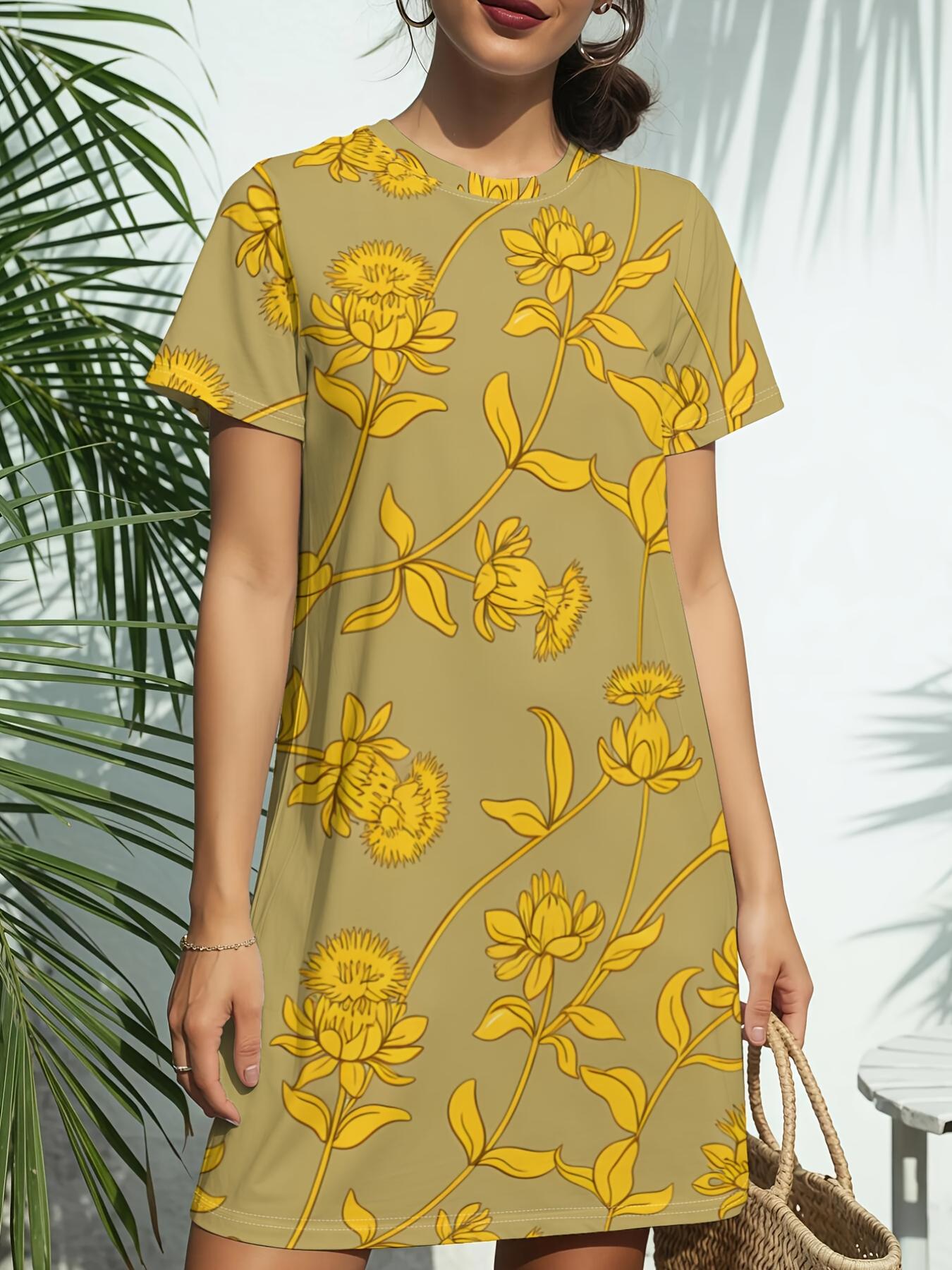 

Yellow Floral Summer PrintNew Women s Round Neck Short Sleeve T-Shirt Dress. American Style Trend Digital Printing. Casual and Versatile for Spring an 4XL дубильная кора