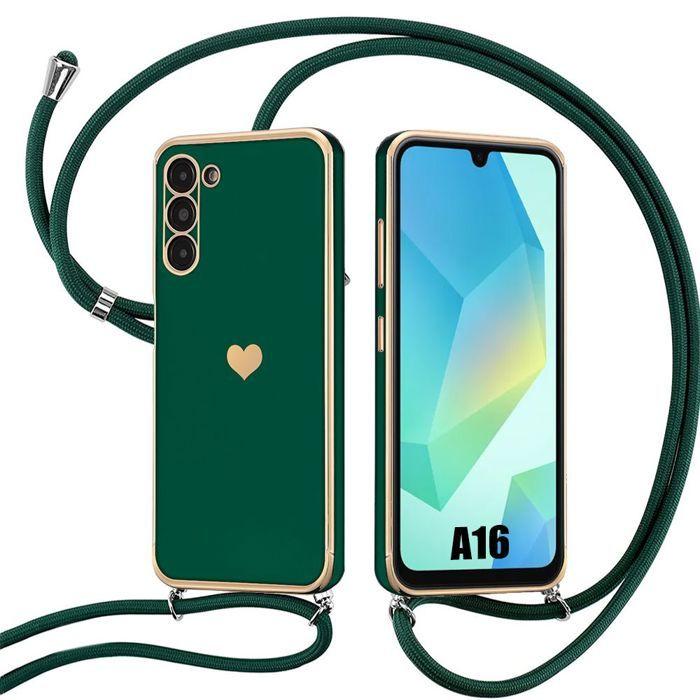 Coque pour Samsung Galaxy A16 4G/5G, Protection Antichoc Motif Cœur avec Cordon Vert Nuit