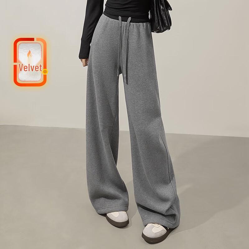 Women s High-Waist Drawstring Color-Block Fleece-Lined Wide-Leg Pants L