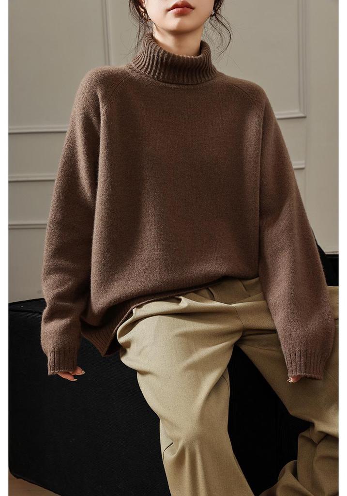 100% Pure Wool Women's High Neck Thick Raglan Sleeve Sweater - Loose Fit Base Layer Knitwear