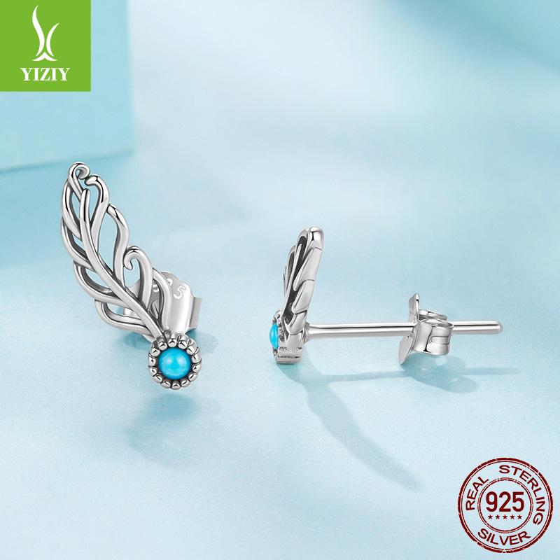 Elegant Retro Turquoise Feather Stud Earrings For Women, Charm Temperament S925 Sterling Silver Wing Earrings