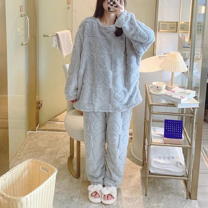 Set de pijamale calde pentru femei, iarna îngroșată de iarnă, pijamale din catifea coral, flanel, pijamale de marime mari, haine de acasă