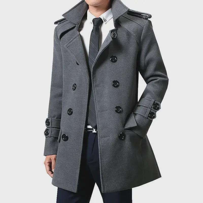 Men's Slim Woolen Double-Breasted Trench Coat - Korean Style, Mid-Length, Autumn/Winter 2022 British Design