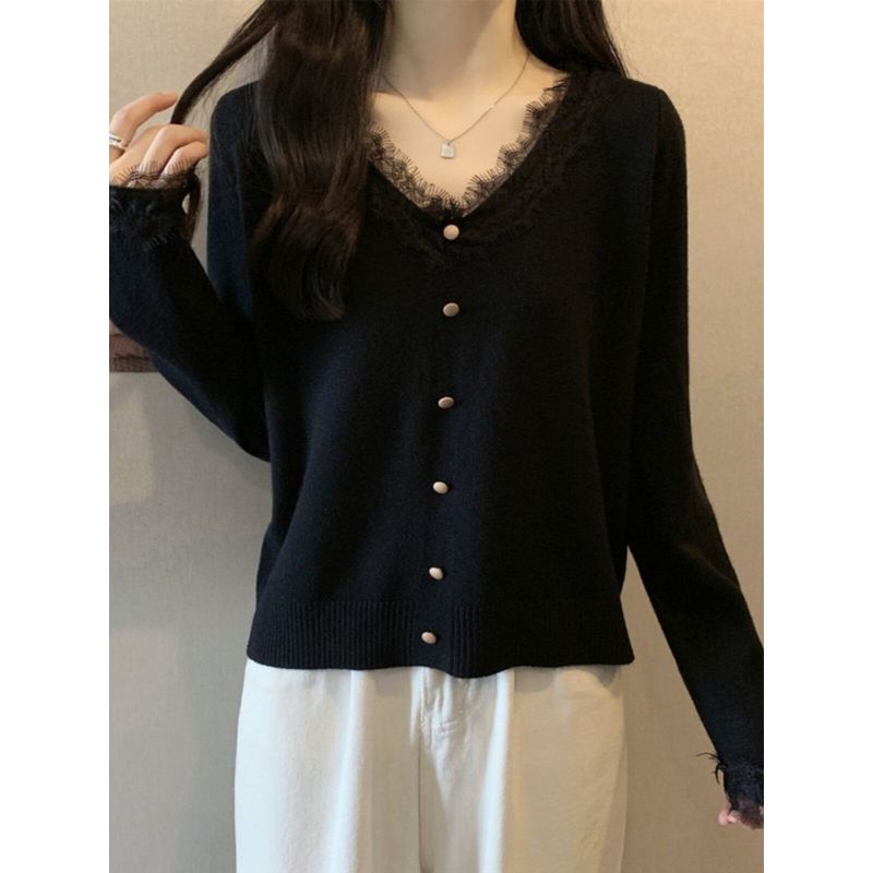 Black V-neck Fall and Winter Underwear Long Sleeved Top Lace