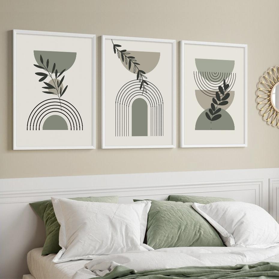 Boho Abstract Green Leaves Geometric Line Posters Wall Art Canvas Painting Prints Pictures Living Room Interior Home Decor