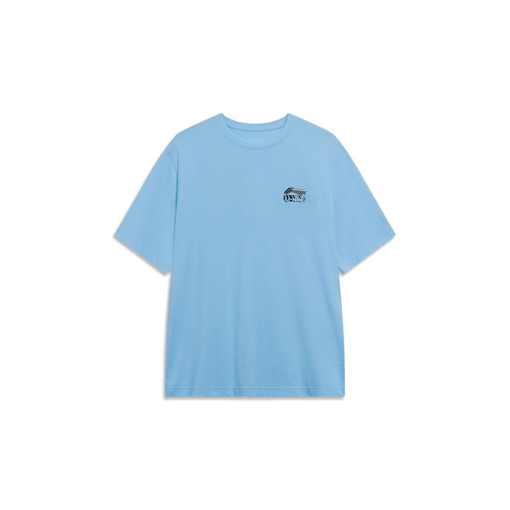 Li-Ning Cartoon Pattern Letter Print Round Neck Short Sleeve T-Shirt Men Tops Ice-Blue AHST179-6