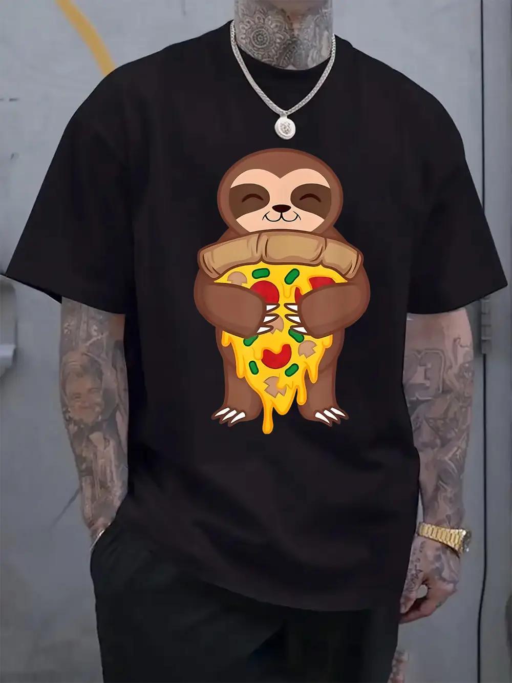 Casual Sloth & Pizza Graphic Tee - Light Gray Crew Neck Short Sleeve T-shirt XL
