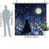 1Pc Black Cat Silhouette Shower Curtain With Starry Night Sky & Floral Design - Polyester Bathroom Decor, Includes 12 Hooks,