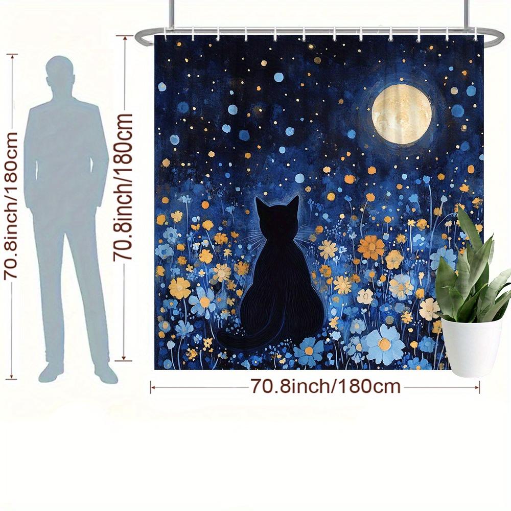 1Pc Black Cat Silhouette Shower Curtain With Starry Night Sky & Floral Design - Polyester Bathroom Decor, Includes 12 Hooks,