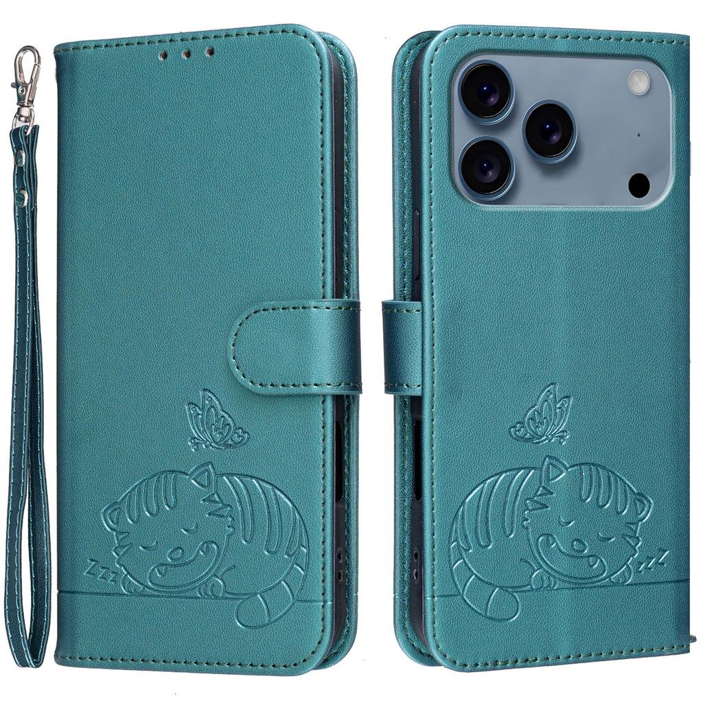 Für iPhone 17 Pro Hülle RFID-blockierende Geldbörse Ständer Geprägtes Katzenmuster Leder Klapphandyhülle mit Armband