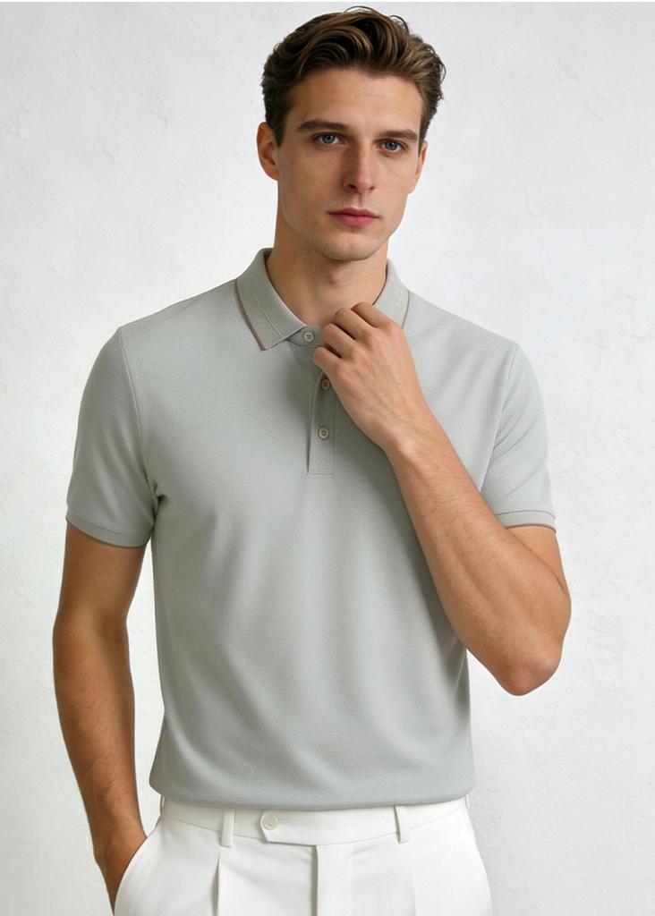 Summer Breathable Cotton Comfortable Skin Friendly Men's Short Sleeved Polo Shirt with Jacquard Contrasting Collar and Pineapple Flower Bead Ground