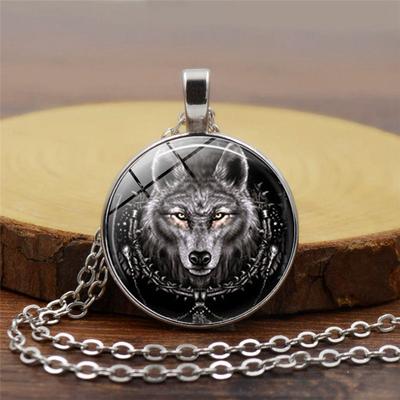 Colar com pingente de cabeça de lobo, animal power norse viking, amuleto, cabochão de vidro, joias, colares para homens e mulheres