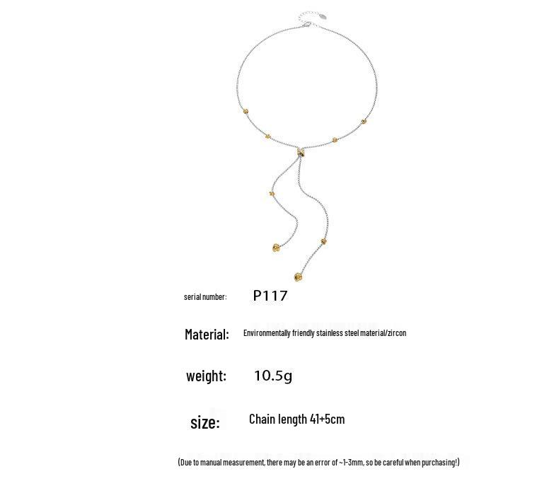 Two-tone Zircon Pull-out Necklace: European & American Style, Stainless Steel, Niche Ins Design, High-end Jewelry