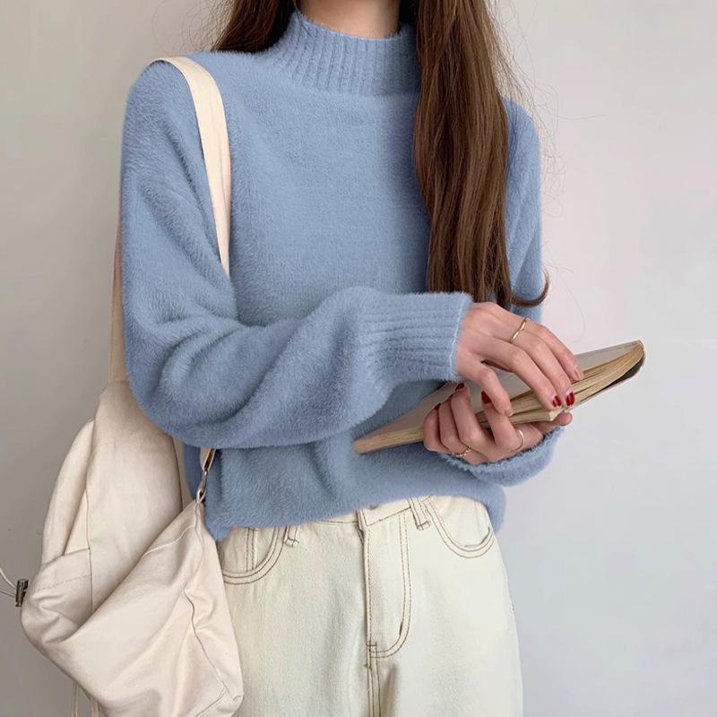 Women's 2025 Mink Cashmere Thick High Neck Sweater - Autumn/Winter Fashion Knitted Base Layer Top